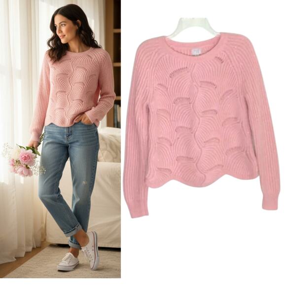 a new day Sweaters - A new day Scalloped Seashell Sweater Women's S Pink  Metallic Long Sleeve Knit